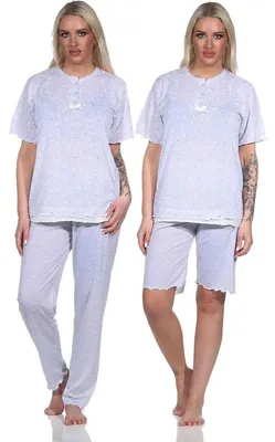 Produktbild von Damen 3 tlg. Pyjama Capri & lange Hose Shirt in kurzen Ärmeln; Grau/L/40