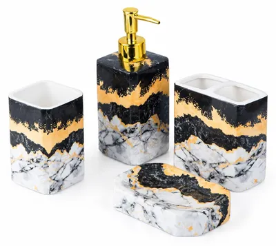 Immagine prodotto di Set di accessori da bagno composto da 4 pezzi – nero e bianco, include dispenser per lozione, portaspazzolini, portascopino e contenitore per sapone