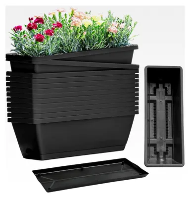 Produktbild von Rechteckiger Pflanzkasten mit Ablauflöchern und Tabletts, für Gemüse und Blumen, schwarz, 12 Stück