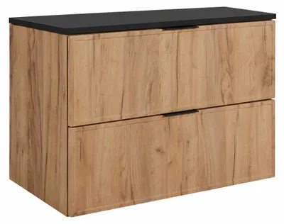 Produktbild von Badezimmerschrank hängend 80 mit Schubladen, Korpus in Eiche Craft + Platte in Schwarz, mit Griffen, 80 x 46 x 58,6 cm, KI-generiertes Bild