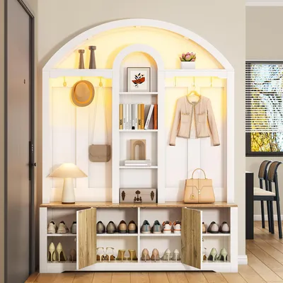 Image de OKWISH Vestiaire d'Entrée - Meuble à Chaussures Multifonction avec LED et 6 Crochets, MDF Blanc, 150x40x195 cm