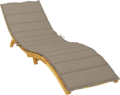 A taupe chaise lounge cushion on a wooden chaise lounge frame, isolated on a white background.