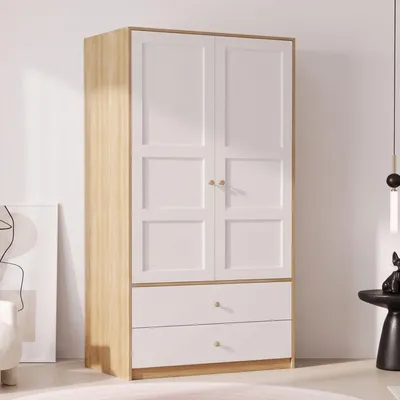 Obrázok produktu pre Skriňa Merax s 2 dvierkami, 2 zásuvkami a vešiakom, komoda, nábytok do spálne, detská skriňa, biela a prírodná farba