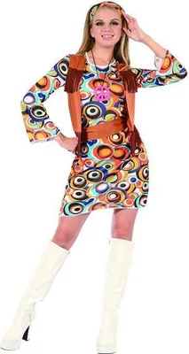 Produktbild von Farbenfrohes Hippie Kostüm Set Größe L mit kurzem Kleid, ausgestellten Ärmeln, Weste und Stirnband