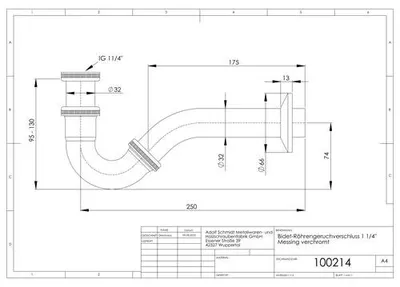 Produktbild von Bidet-Röhrengeruchverschluss 11/4"x32 mm Messing, ASW Nr. 100214 verchromt