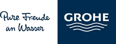The image is split into two halves. The left half has text in a script font on a white background. The right half has the GROHE logo and a wavy line graphic on a dark blue background.