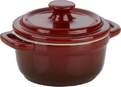 A single, dark red ceramic pot with a lid, shown from a slightly elevated side angle against a white background.