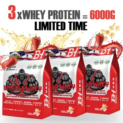 Produktbild von GORILLA Whey Protein 6kg Banane Erdbeere – High Protein Pulver mit BCAA für Muskelaufbau & Kraft | Black Hammer USA