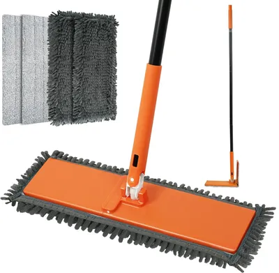 Imagen del producto de Mopa plana giratoria y plegable para suelos, con 4 cabezales, color naranja, 132 cm