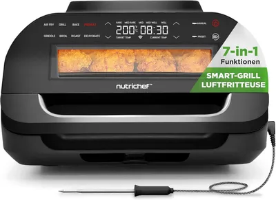 Produktbild von Nutrichef Indoor Smokeless Grill | Smart Grill & Heißluftfritteuse mit 7 Kochfunktionen | 6L Kapazität | Inklusive Smart-Thermometer