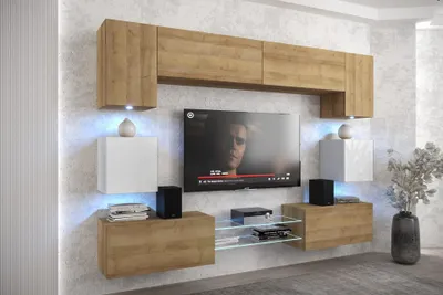 Obrázek produktu pro Furnitech Obývací stěna - Moderní závěsná skříňka - Obývací stěna s policemi a TV skříňkou - Nábytek do obývacího pokoje bez LED (Nowara ANX1-17DZW-HGM-34-1A)