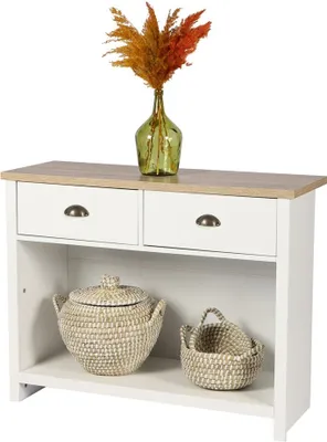 Immagine prodotto di Console con 1 ripiano e 2 cassetti stile coloniale - 97x35xH76 cm, colore bianco e piano in rovere chiaro - Collezione MADERA
