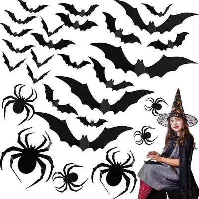 Immagine prodotto di Decorazioni 3D a forma di pipistrello, 60 pezzi, Halloween, realistiche, fai da te, decorazioni per casa, pareti e finestre (48 F + 12 S)