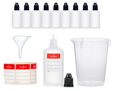 Produktbild von 10 Plastikflaschen 50 ml LDPE, G14, Tropfeinsatz, Deckel schwarz, Mini-Trichter, 150 ml Messbecher