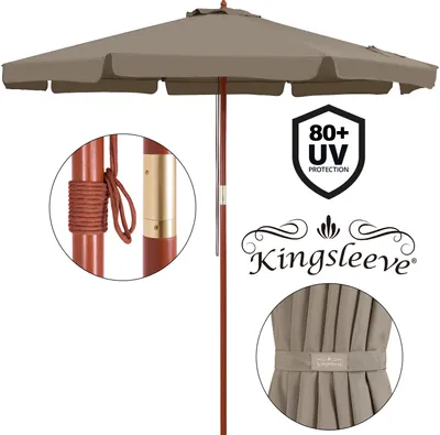 Image de Kingsleeve Parasol de jardin en bois Ø 330 cm taupe Pare-soleil avec protection UV50+ Protection solaire extérieur