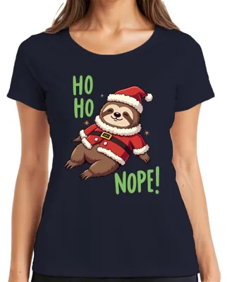 Productafbeelding van HO HO NEE! Grappig kerstcadeau met een luie luiaard, schattig dames T-shirt, marineblauw, maat XL