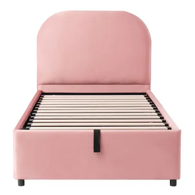 Produktbild von Polsterbett mit Stauraum Hydraulisches Funktionsbett Einzelbett Kinderbett Samt Gepolstertes Kopfteil 90 x 200cm Rosa