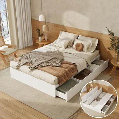 Produktbild von Bettgestell mit Stauraumbox und Schubladen Palettenbett Doppelbett Massivholzbett 140 x 200 cm Weiß