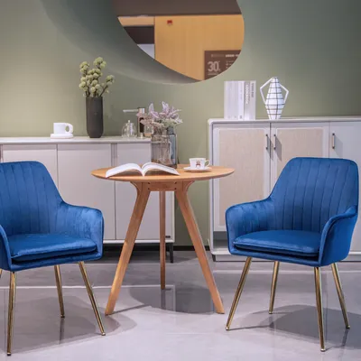 Immagine prodotto di MODFU, set di 2 sedie da pranzo, sedia imbottita con braccioli e gambe in metallo dorato, poltrona imbottita, sedia da pranzo, sedia da ufficio per soggiorno e cucina, colore blu