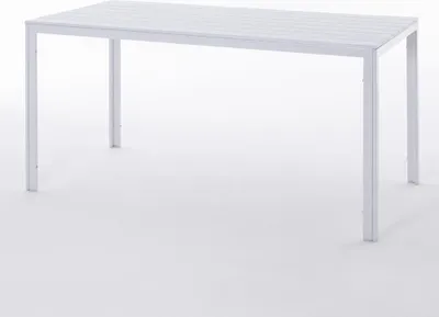 Immagine prodotto di Tavolo rettangolare da esterno 156x78 cm, struttura in acciaio e doghe effetto legno, 6 posti a sedere, stile moderno per giardino o terrazza - THOMAS - Bianco