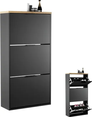 A black shoe cabinet with a wooden top, shown in two sizes against a white background. The larger cabinet has three flip-down doors, while the smaller one shows shoes inside its open compartments.