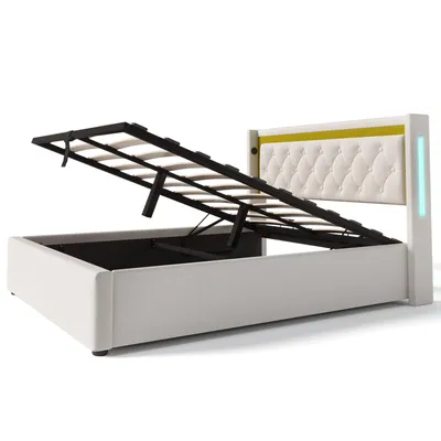 Image de OKWISH Lit coffre 140x200 cm - LED et ports USB Type-C - Matelas inclus - Beige