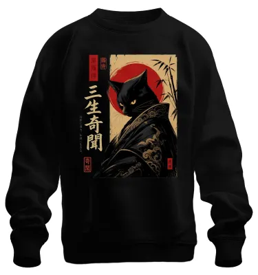 Obrázek produktu pro Černá kočka, samuraj, japonské umění, Japonsko, styl Y2K, mikina s kapucí, černá, velikost S