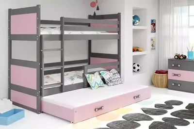 Produktbild von Kinderhochbett mit Zustellbett ohne Matratzen 80x190 FERGUS – Graphit / Rosa