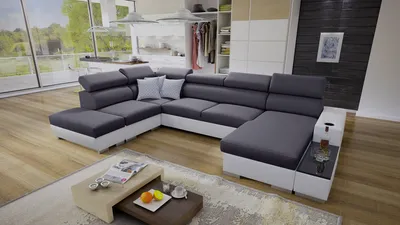 Produktbild von Wohnlandschaft in U-Form PERS VI Ecksofa Eckcouch mit Schlaffunktion (Grau SAWANA 96 + weißes Kunstleder, Rechts)