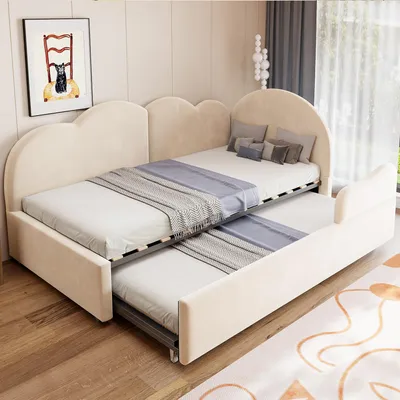 Produktbild von Flieks Schlafsofa 90x200cm mit Ausziehbett 90x190cm, Tagesbett Sofabett mit Rückenlehne, Polsterbett Einzelbett mit Lattenrost, Samt, Beige