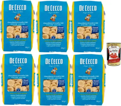 Produktbild von De Cecco Orecchiette Grandi Nr. 190, Weizenpasta 6 x 500 g, Spezialität aus Apulien, langsam trocknend 9 h, feste Textur, 12 min Garzeit (al dente 10 min), hergestellt in Italien + Italian Gourmet
