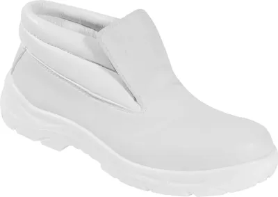 A white slip-on boot is shown against a white background.