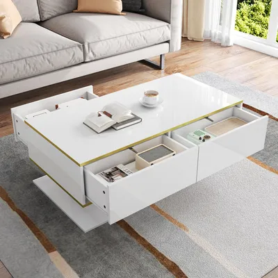 Produktbild von STILVORA Couchtisch mit drei Schubladen und offenem Fach,Hochglanz-Kaffeetisch mit LED-Beleuchtung,Sofatisch mit Goldverzierung,Weiß
