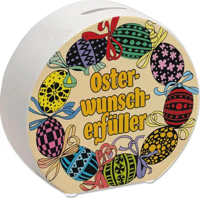 Produktbild von Osterwunscherfüller mit Ostereiern Spardose in orange