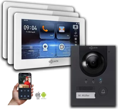 Produktbild von IP Gegensprechanlage | 7 Zoll Monitor | Anthrazit : 3 Monitore : 7 Zoll Weiß : Aufputz Dose Monitor Anzahl: 3 Monitore Monitor Farbe: 7 Zoll Weiß Montage: Aufputz Dose
