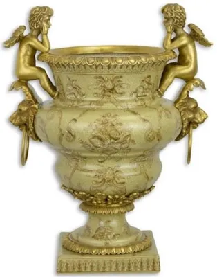 Produktbild von Casa Padrino Jugendstil Blumentopf Grün / Gold 27 x 19,8 x H. 33,8 cm - Porzellan Pflanzentopf mit Bronze Engelsfiguren und Löwenkopf Griffen - Deko Accessoires
