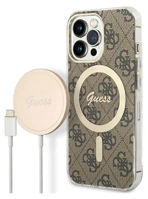 A Guess branded iPhone 13 Pro case and a wireless charger are displayed against a white background.