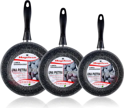 Three frying pans are displayed side-by-side against a white background.