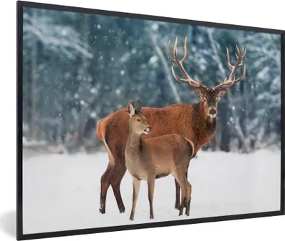 Produktbild von MuchoWow® MuchoWow® Gerahmtes Poster Hirsche - Wald - Schnee 90x60 cm - Poster mit zchwarzem Bilderrahmen - Fotorahmen - Foto-Plakat