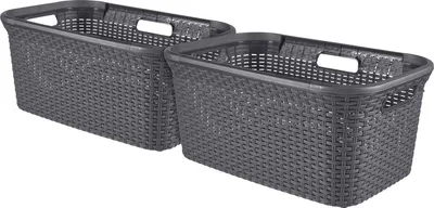 Two dark gray woven laundry baskets are shown side-by-side on a white background.