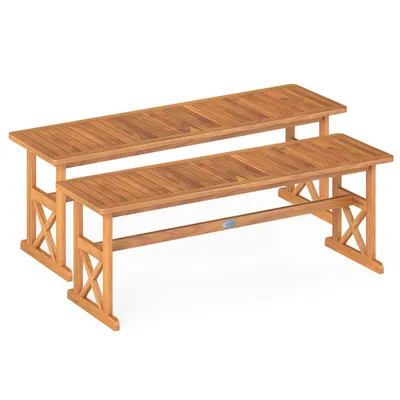 Produktbild von COSTWAY 2er Gartenbänke Wetterfest, 3-Sitzer Sitzbank ohne Rückenlehne, Holzbank bis 360kg belastbar, Balkonbank aus Akazienholz, Bank 130x35x45cm