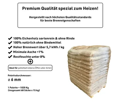 Produktbild von PINI Pellets 100% Eiche 6 mm, 1020 kg (68 Säcke), rindenfrei, CO2-neutral, Brennwert >5,7 kWh/kg, Asche ≤1%, Restfeuchte ≤8%, ohne Bindemittel, schnelle Wärmeentwicklung, für alle Pelletöfen.