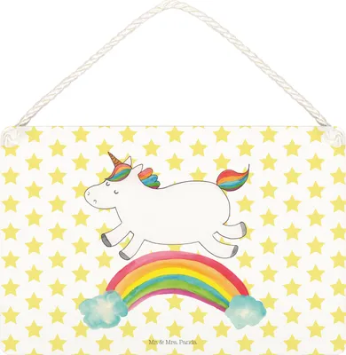 Produktbild von Mr. & Mrs. Panda Schild Einhorn Regenbogen DIN A5 - Weiß - Geschenk, Erwachsenwerden, kleine aufmerksamkeit, Einhornpower, Wandbild Holz, Türschild, Unicorn, Deko