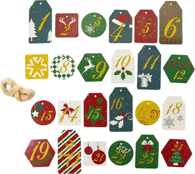 Produktbild von Oblique Unique 24 Zahlen Anhänger 1-24 mit Jute Schnur und Glitzereffekt für DIY Adventskalender Weihnachten Deko