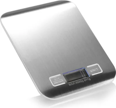 Produktbild von com-four® Digitale Küchenwaage - elektronische Haushaltswaage im Edelstahl Design - Gewichtsmesser für Küche und Haushalt - Messgerät bis 5 kg - batteriebetriebene Wiegehilfe