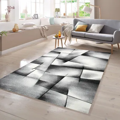 Produktbild von Designer Teppich mit Konturenschnitt Karo Muster Grau Schwarz Weiss Größe - 160 x 230 cm