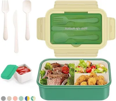 Obrázok produktu pre Lunchbox 1400 ml, 3 priehradky – zelený – vhodný do mikrovlnnej rúry a umývačky riadu – vrátane príborov – do školy, do práce, na piknik, na cestovanie