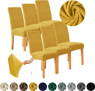 Produktbild von MEBLE ODNOWA, Stuhlhusse, Stuhlbezug, Standardgröße, Jacquard, Honiggelb, 6er Set, Karostruktur, elastisch, Stuhlbezüge, Stuhlhussen, maschinenwaschbar