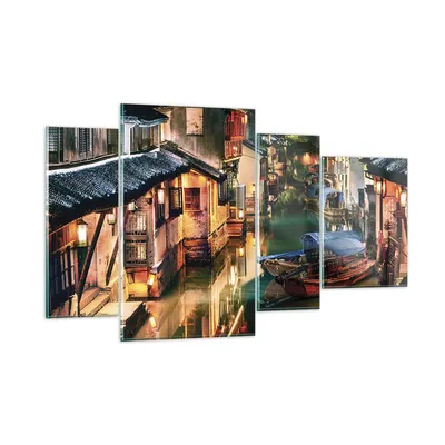Produktbild von Bilder auf glas - 4 Teile - Chinesisch Stadt Nacht - 120x70cm - Glasbilder - Wandbilder - Bilder - zum Aufhängen bereit - Wanddekoration aus Glas - Glas Bilder - Wandbild auf Glas - GDL120x70-4657