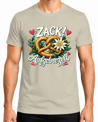 Immagine prodotto di Zack, maglietta con motivo "Brezel", maglietta con motivo "Edelweiss", camicia tradizionale, pantaloni in pelle, abito tradizionale, maglietta da uomo, colore: naturale, taglia: S